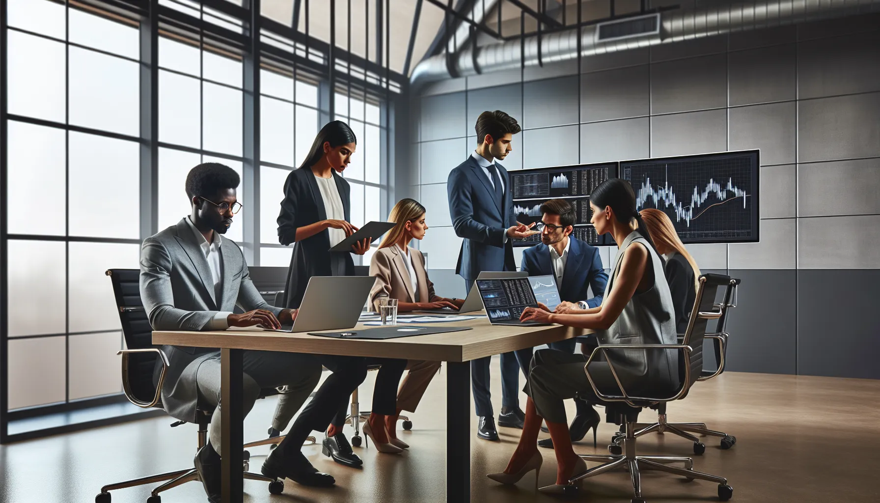 diverse analysts discussing financial data in a modern office.