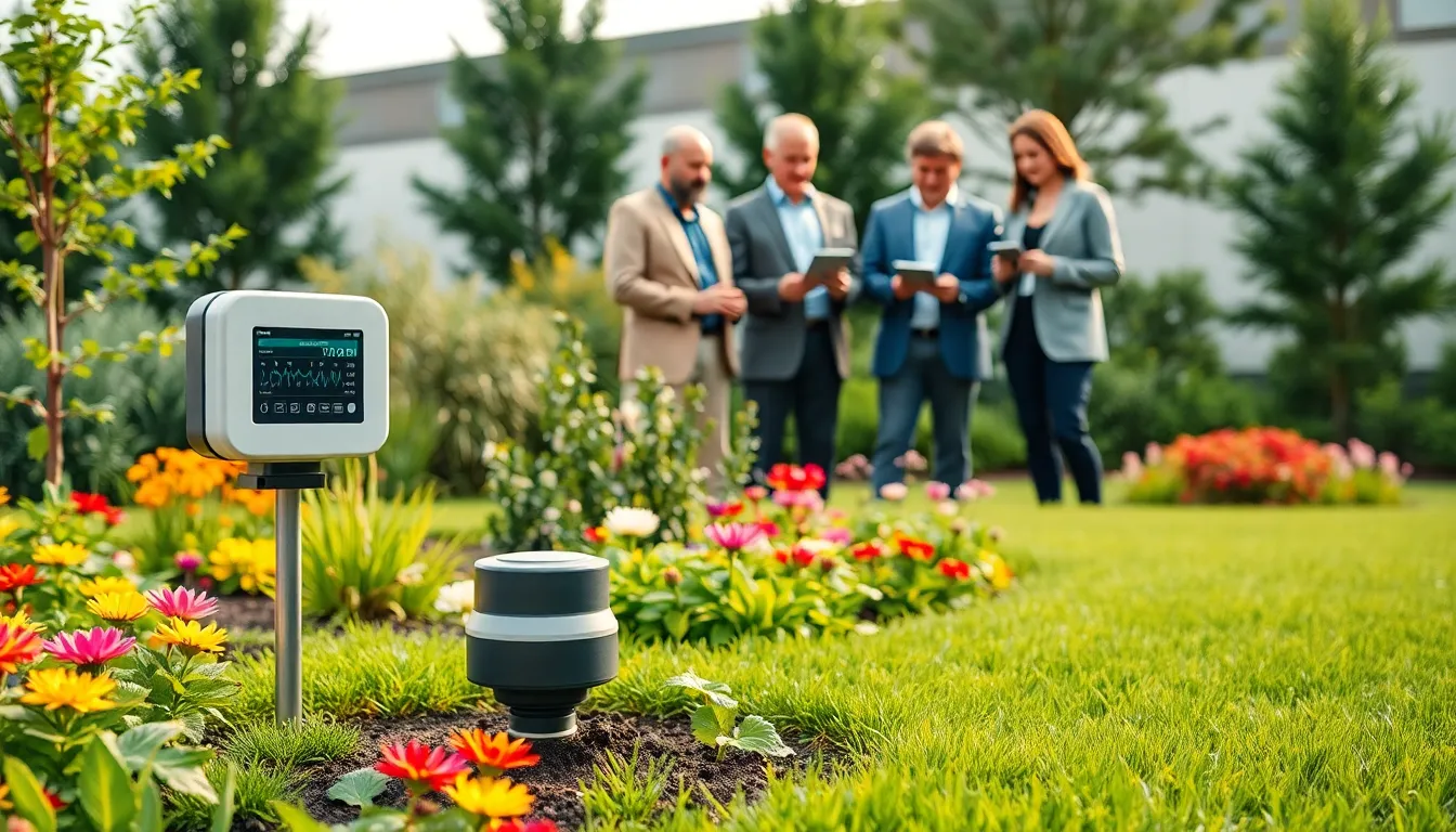 garden showcasing smart irrigation technology with diverse professionals discussing.