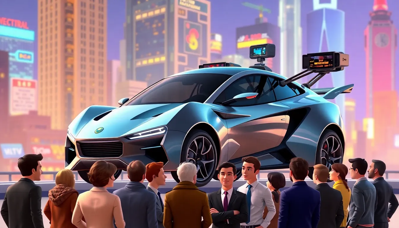 A futuristic version of Inspector Gadget's Gadgetmobile in a vibrant cityscape.