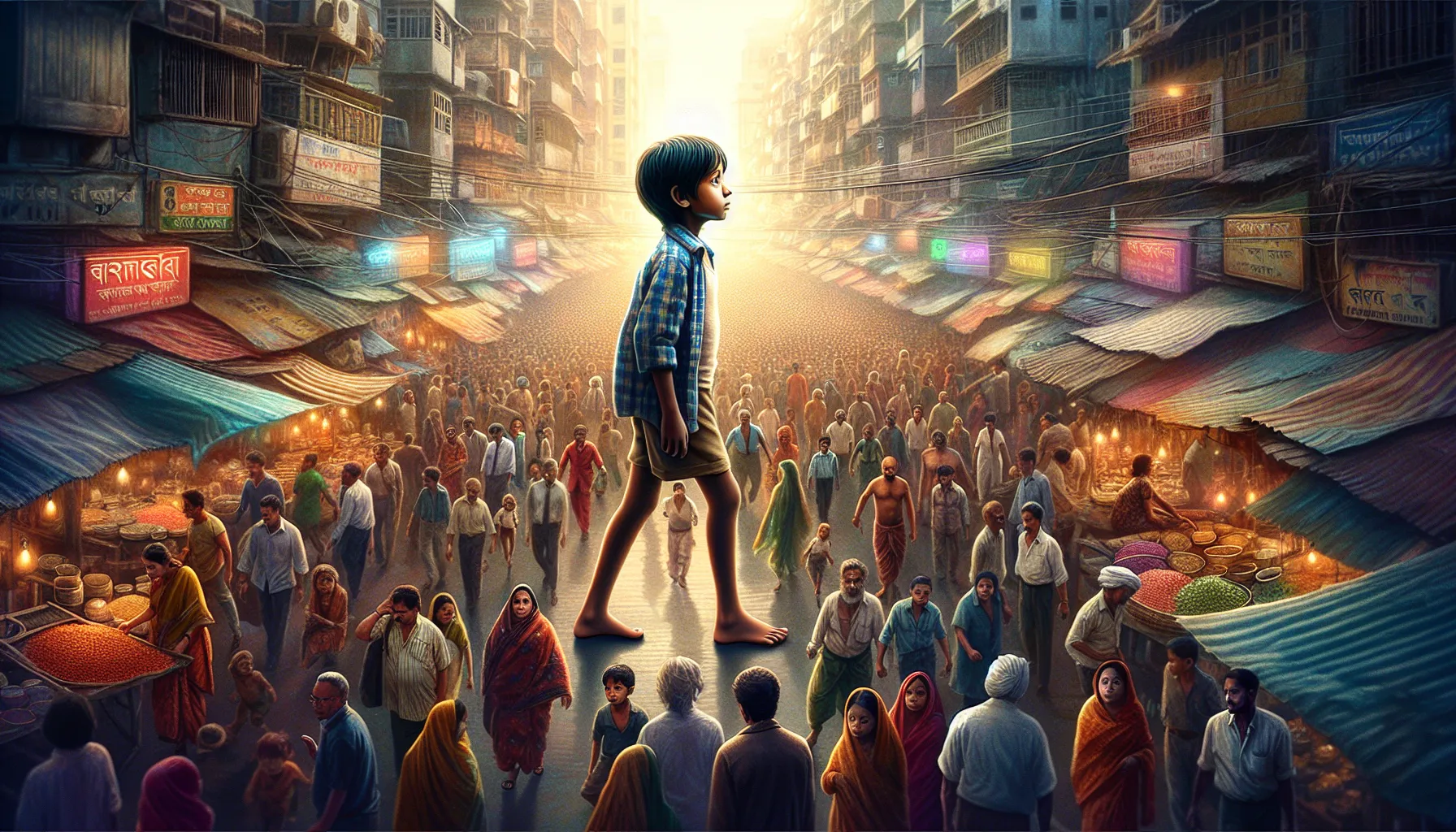 Young Saroo Brierley navigating the streets of Kolkata.