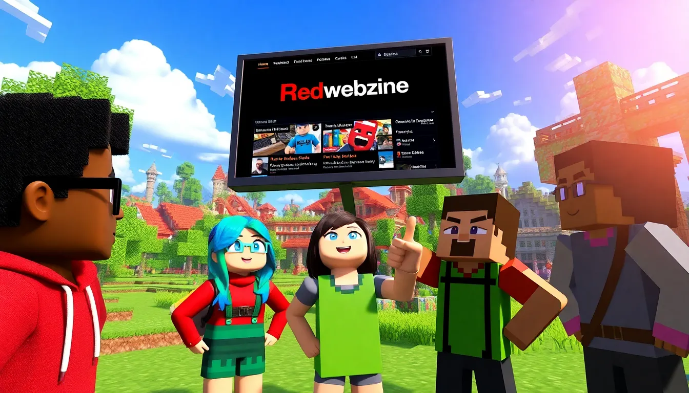 Minecraft avatars discussing on a vibrant Redwebzine-themed server.