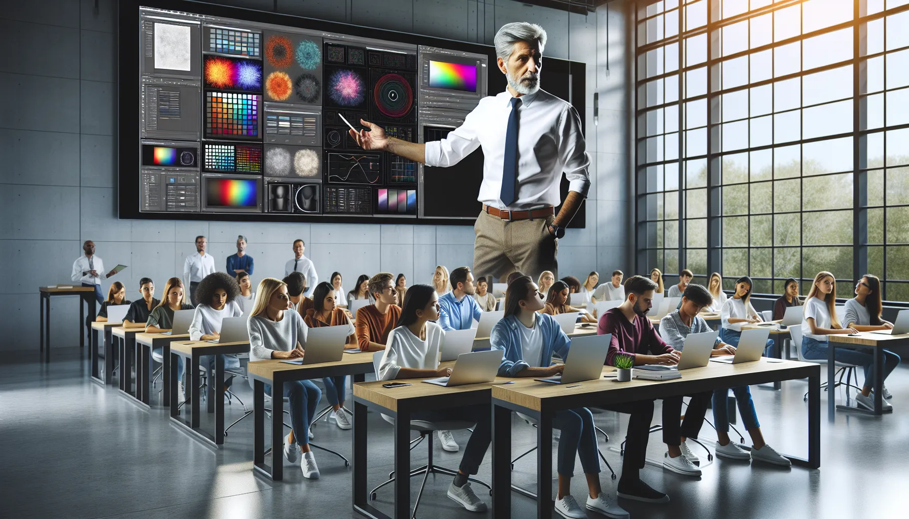 instructor teaching a Photoshop course in a modern classroom.