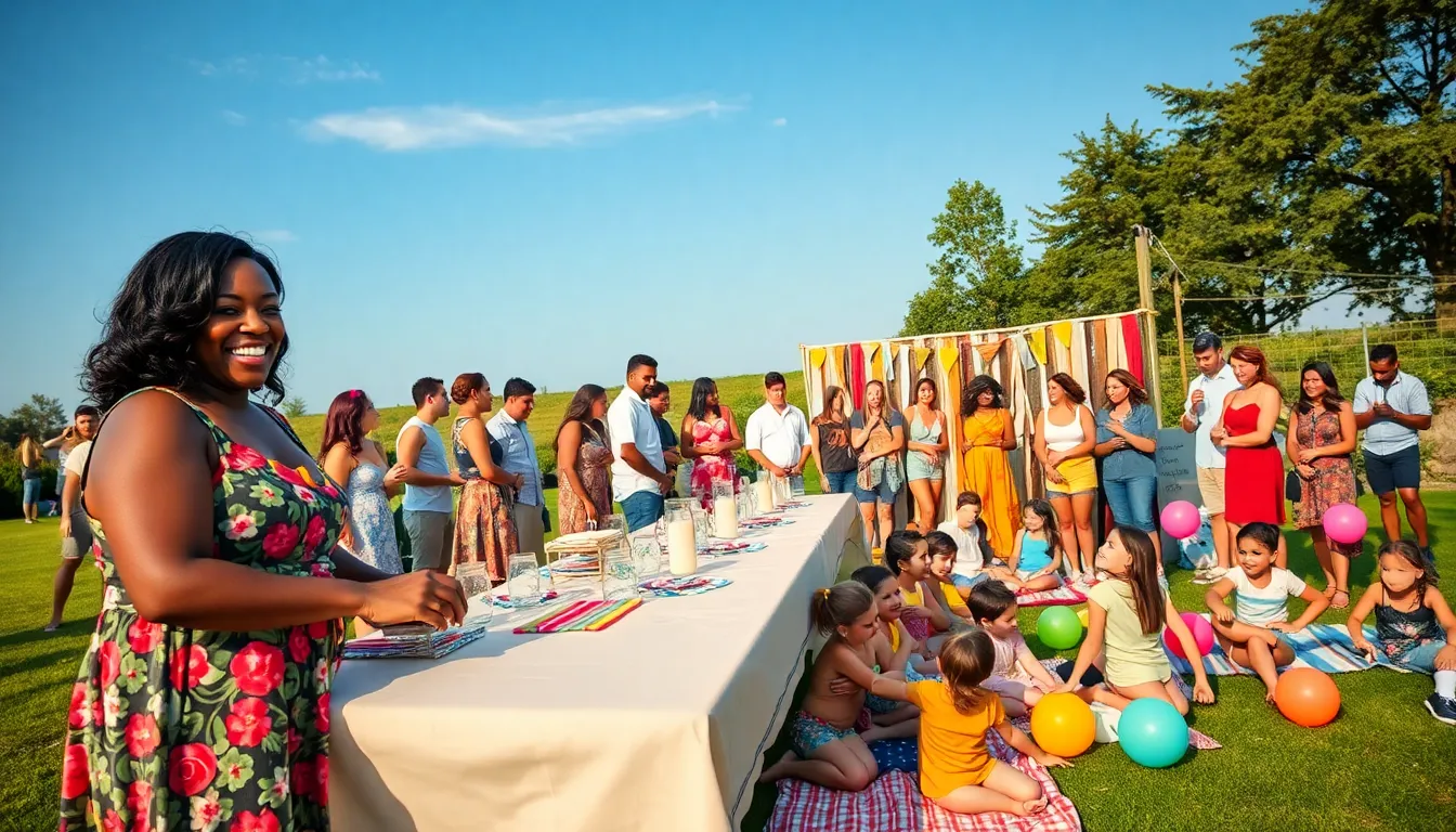 A joyful outdoor gathering showcasing community and creativity at a thrifty event.