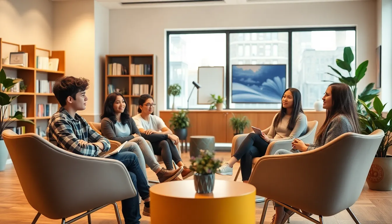 teenagers engaged in a supportive therapy session at a mental health facility.
