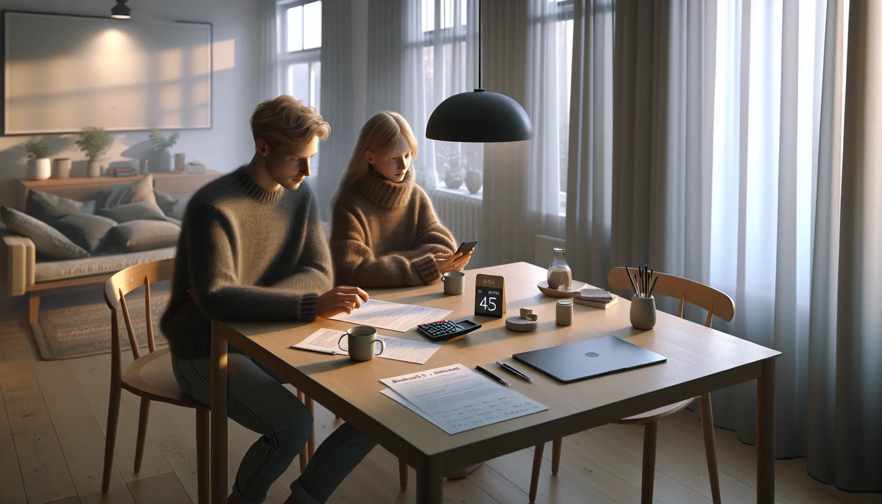Finansielle konflikter i parforholdet: slik snakker dere om penger uten å krangle 3 Norwegian couple calmly planning budget at a dining table with phones off.