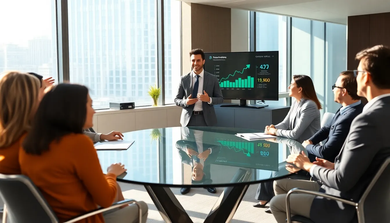 professional team discussing rainmaking strategies in a modern office.