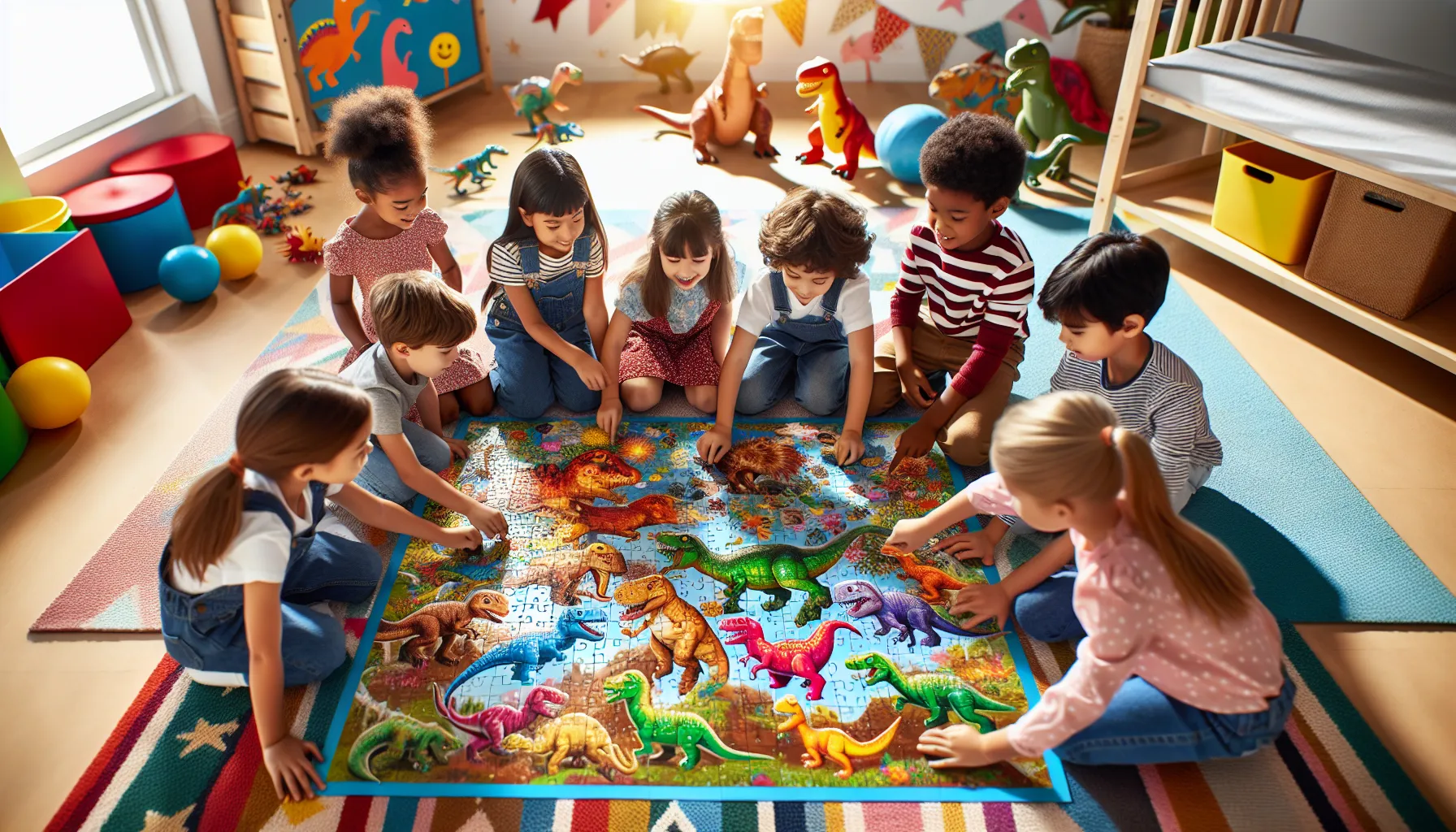 children collaborating on a themed puzzle in a bright room.
