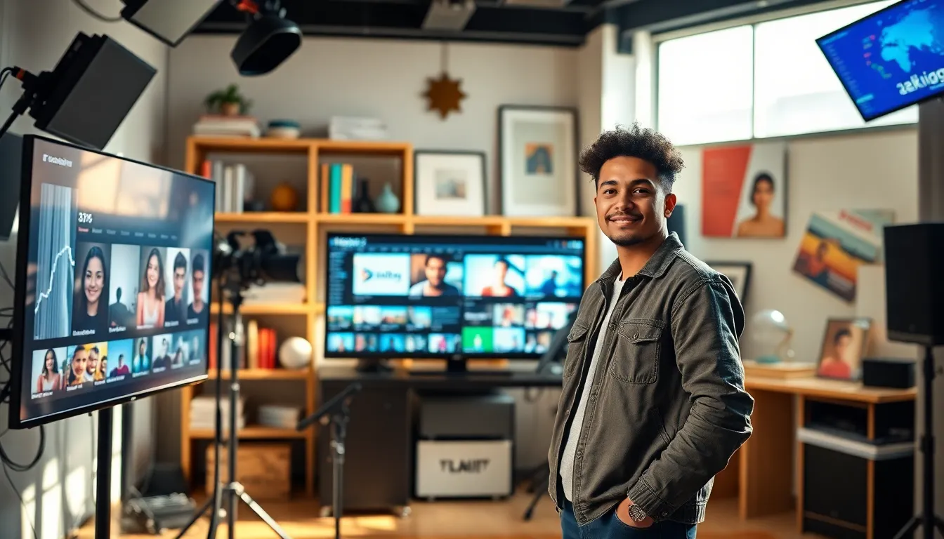 young creator in a modern media studio with screens and creative decor.