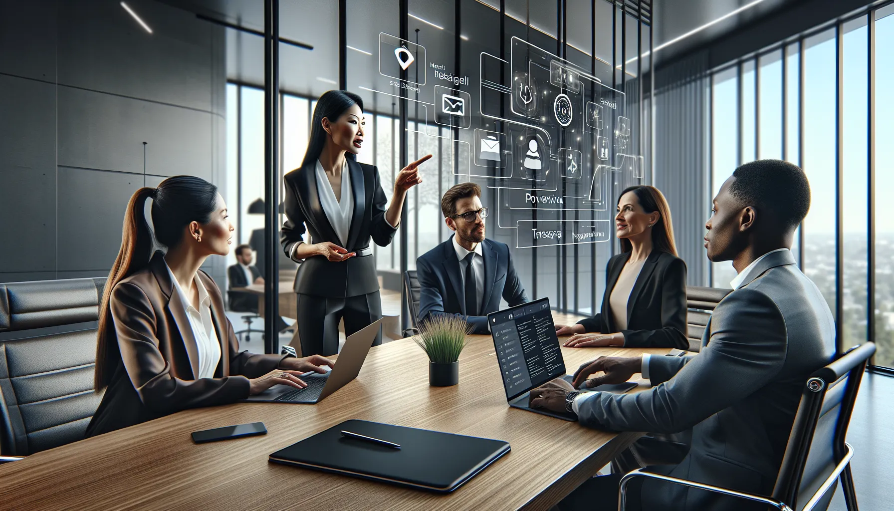 diverse professionals discussing WhatsApp LogicalShout features in a modern office.