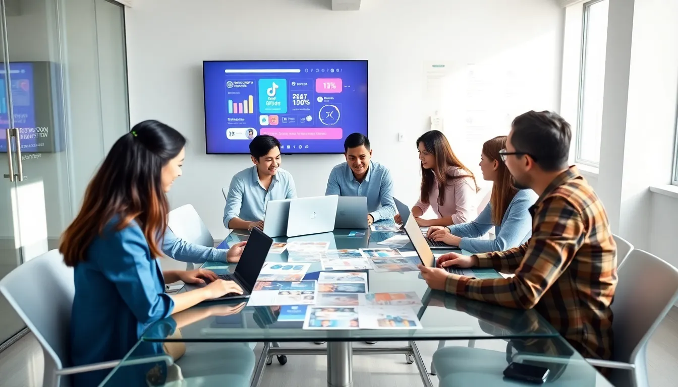 diverse marketing team collaborating in a modern office.
