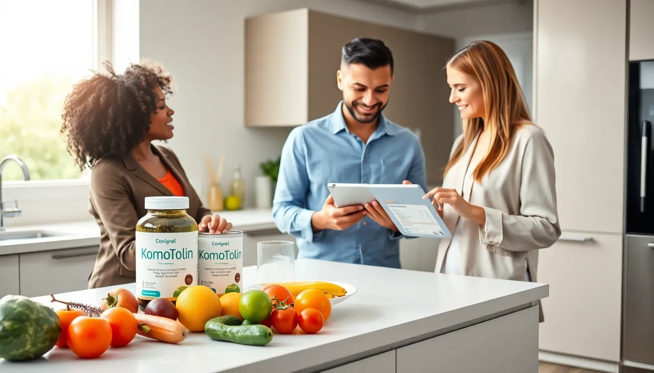 diverse professionals discussing KomoTolin in a modern kitchen.