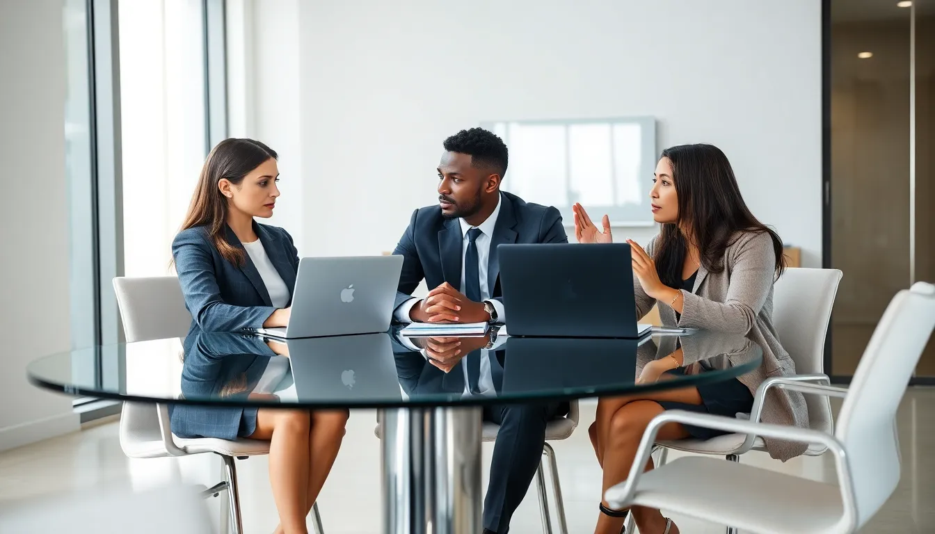 diverse team discussing in a modern office environment.
