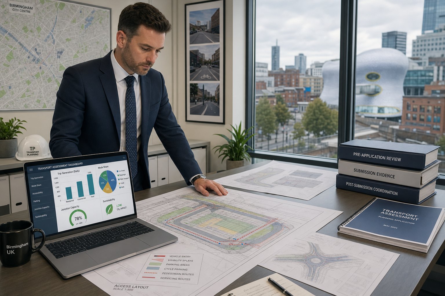 Traffic engineer reviewing Birmingham planning and transport documents in a modern office.