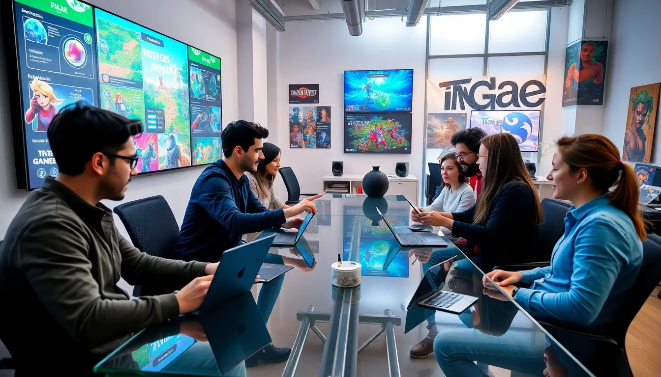 game developers collaborating in a modern studio.