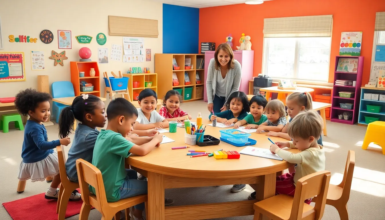 children learning together in a colorful classroom setting.
