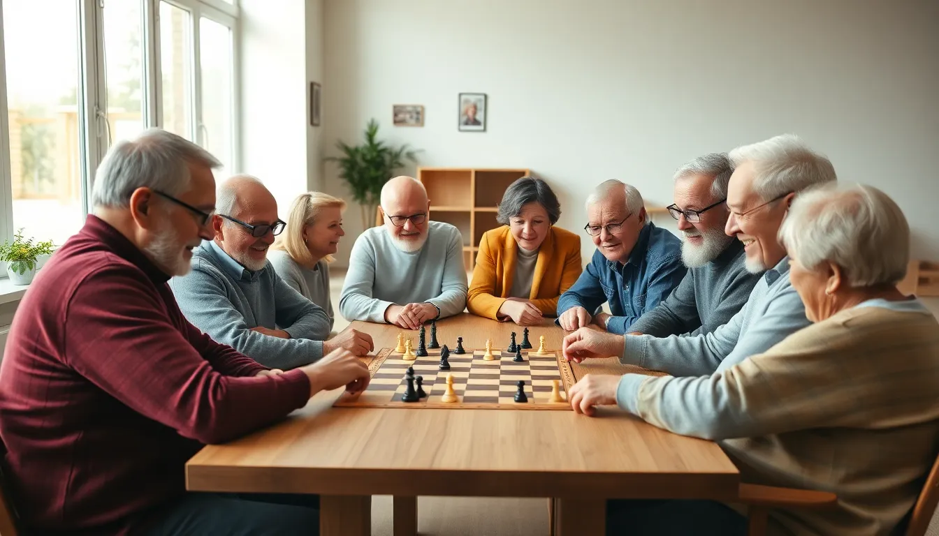 seniors playing chess in a bright community center.