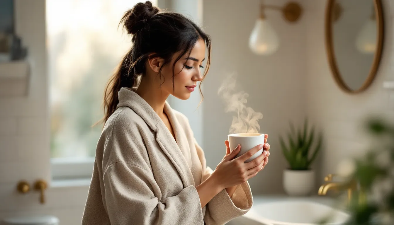 Woman holding a warm mug of water during a calm morning bathroom routine.