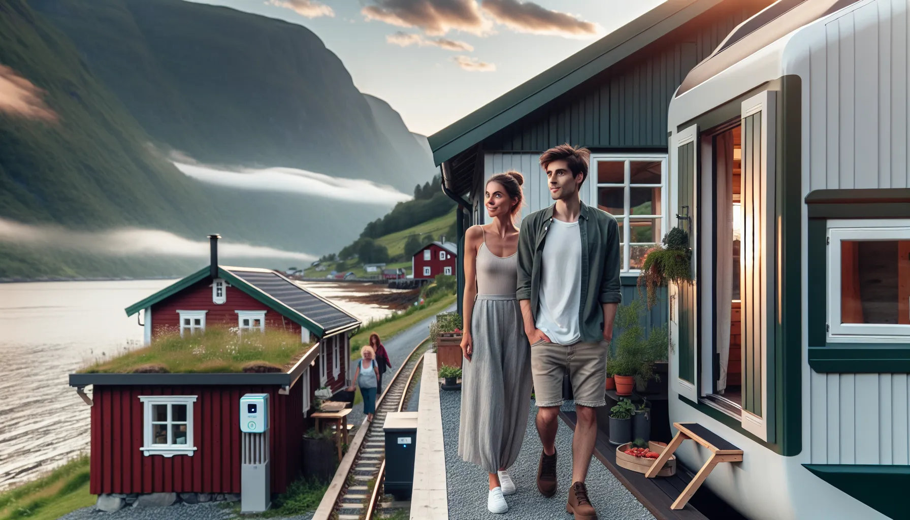 Couple arriving by train to eco-friendly norwegian fjord village for a sustainable holiday.