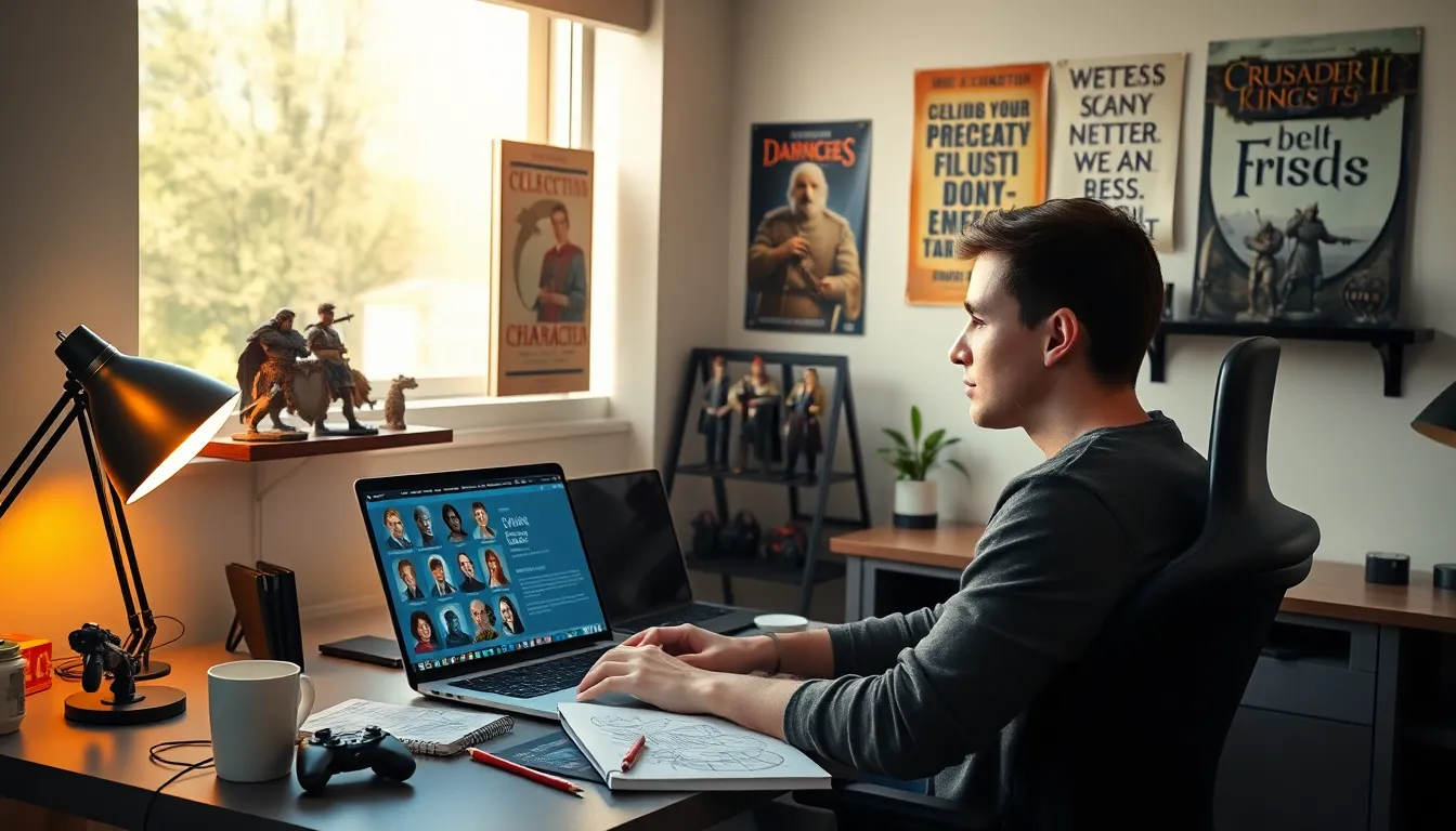 A young man using a laptop for character creation in a gaming office.