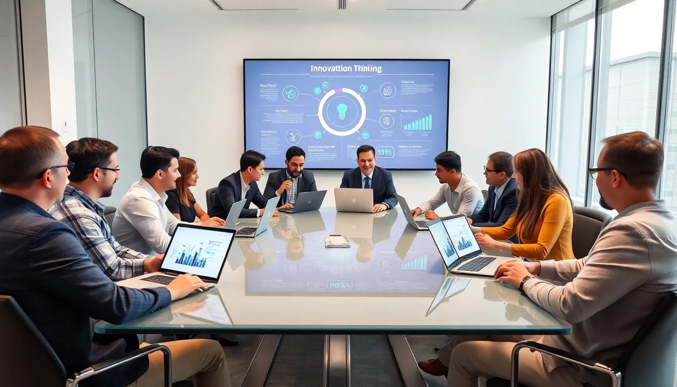 diverse team brainstorming innovative concepts in a modern conference room.