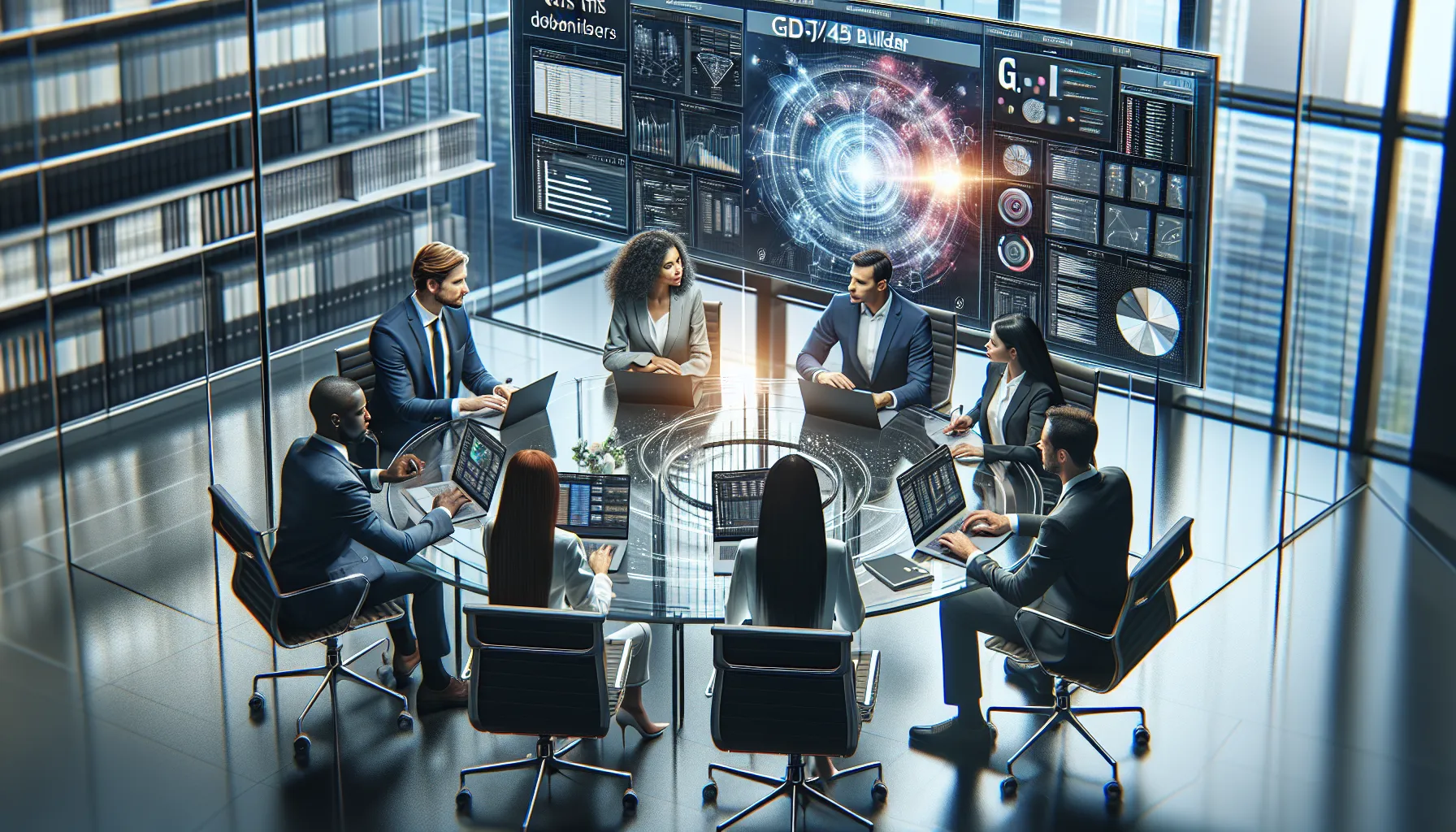 diverse team discussing Gdtj45 Builder Software in a modern office.