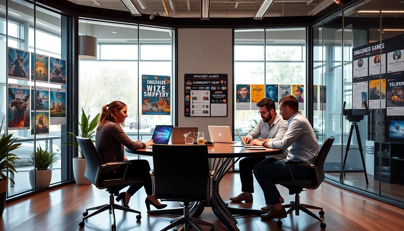 diverse team discussing game concepts in a modern studio.