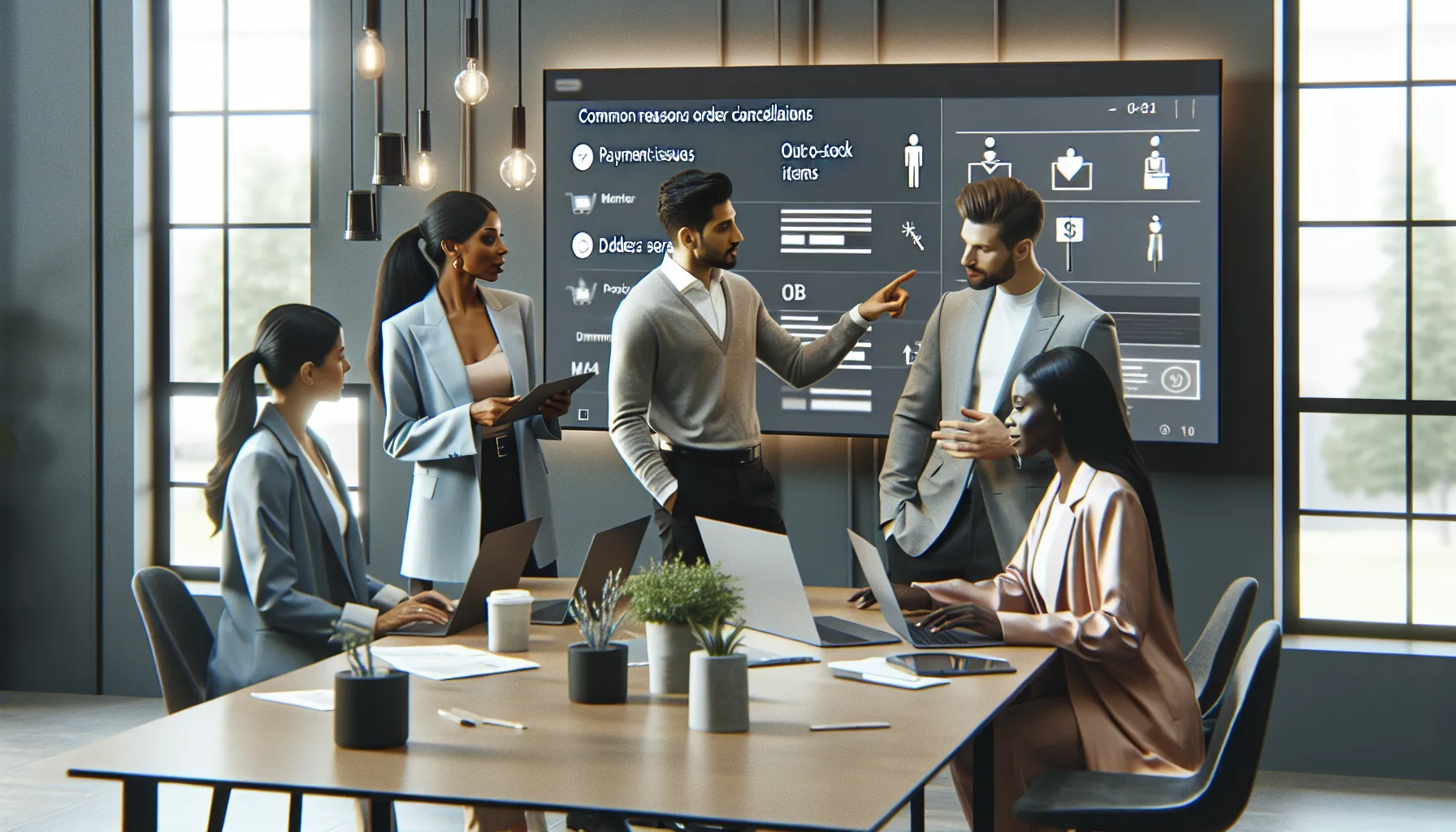 diverse team discussing online order cancellation issues in a modern office.