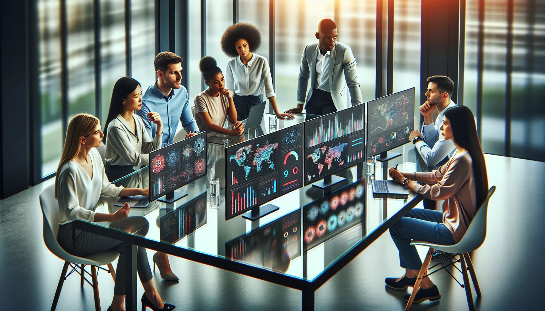 diverse team analyzing data in a modern office setting.