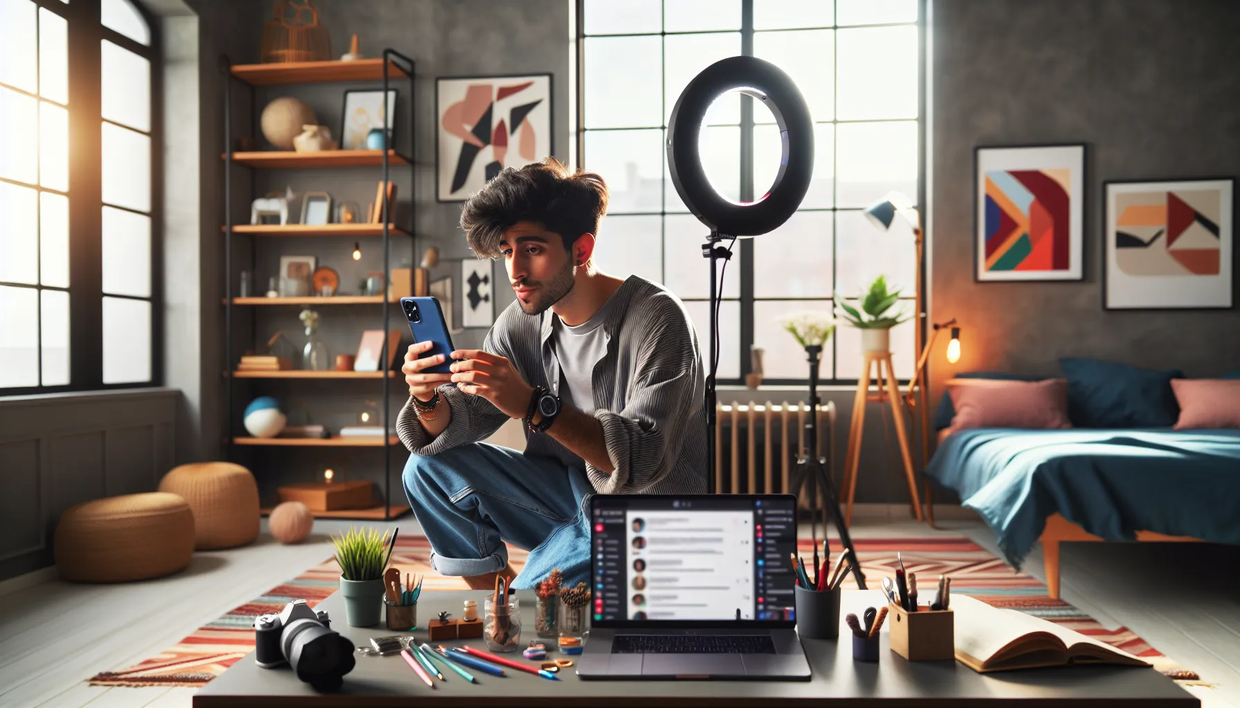 young creator recording videos in a bright, modern bedroom.