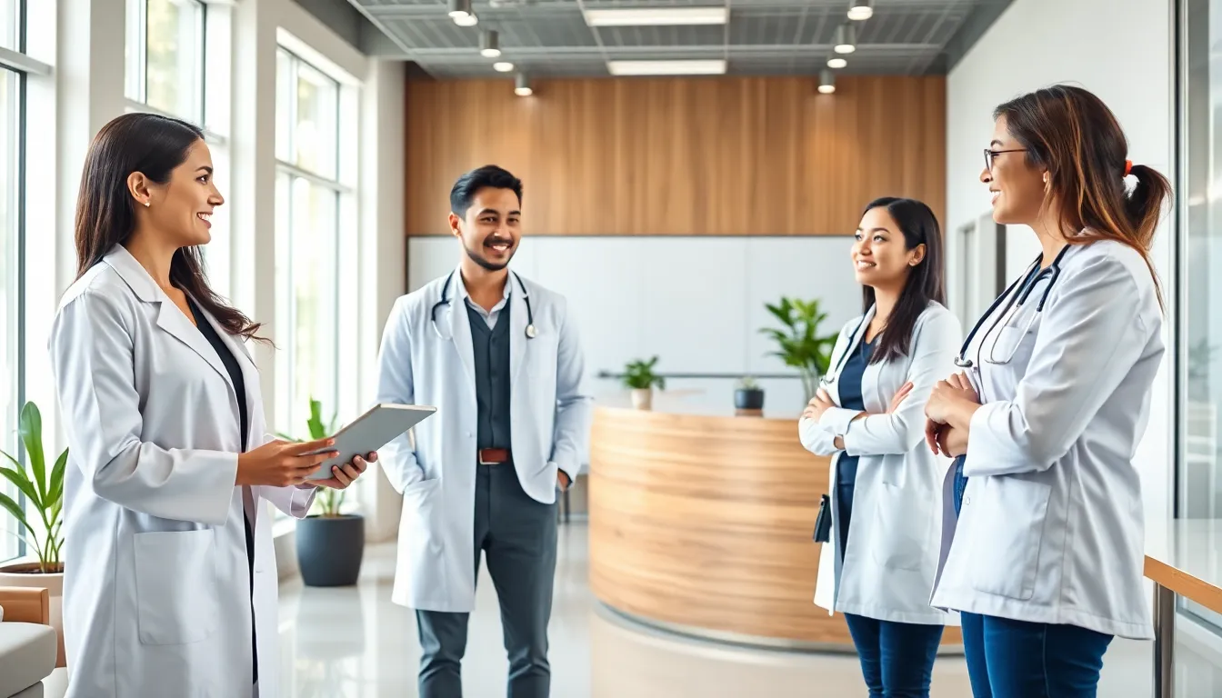 diverse healthcare team discussing patient care in a modern clinic.