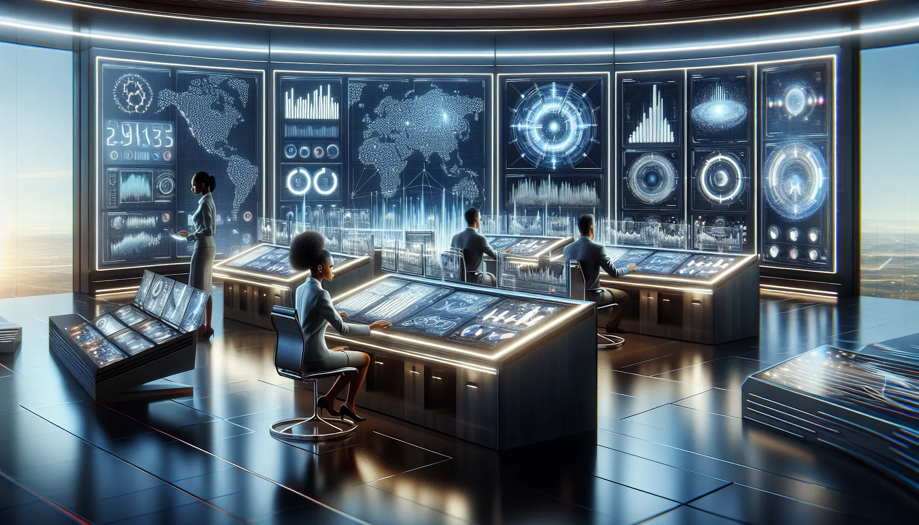 futuristic workspace with diverse professionals analyzing data trends.