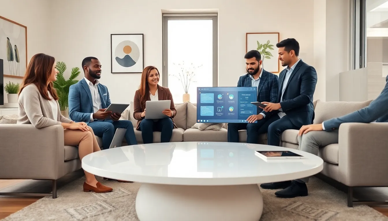 professionals discussing home networking in a modern living room.