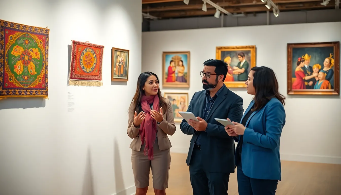 diverse group discussing cultural significance in a modern gallery.