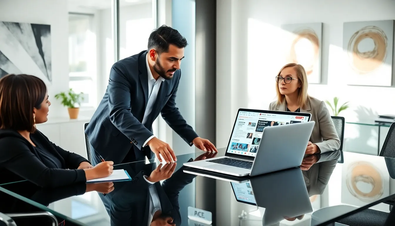 professionals discussing fake news in a modern office setting.