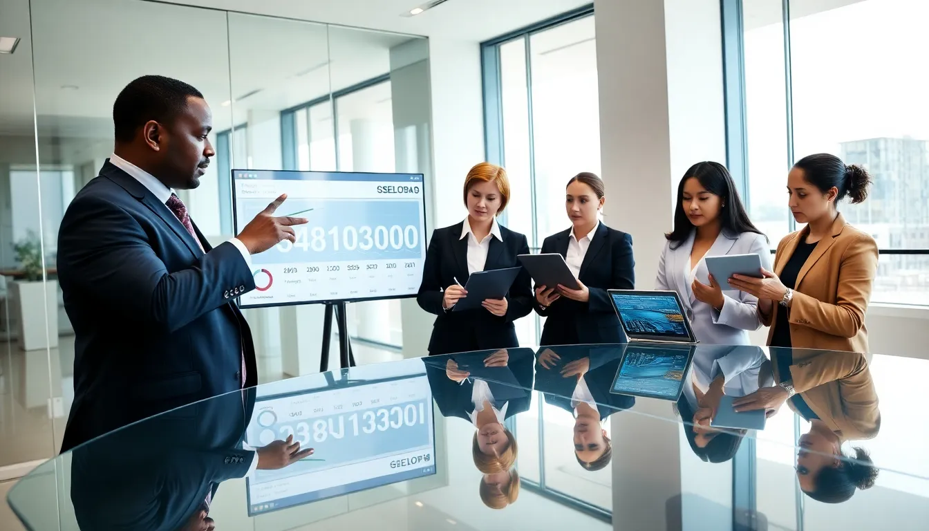 diverse professionals discussing data identifier in a modern office.