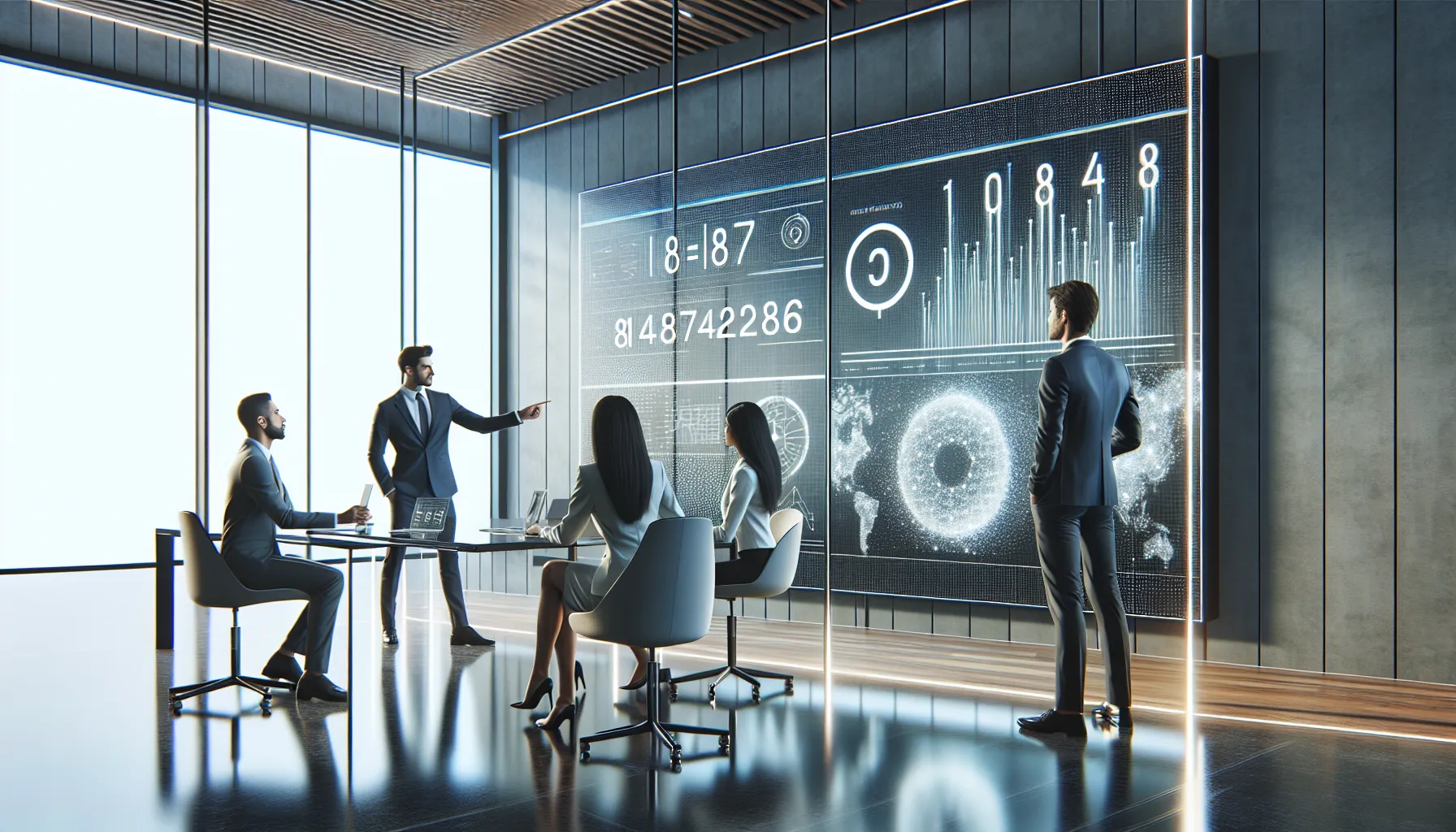 Diverse team analyzing trends related to a number in a modern office.