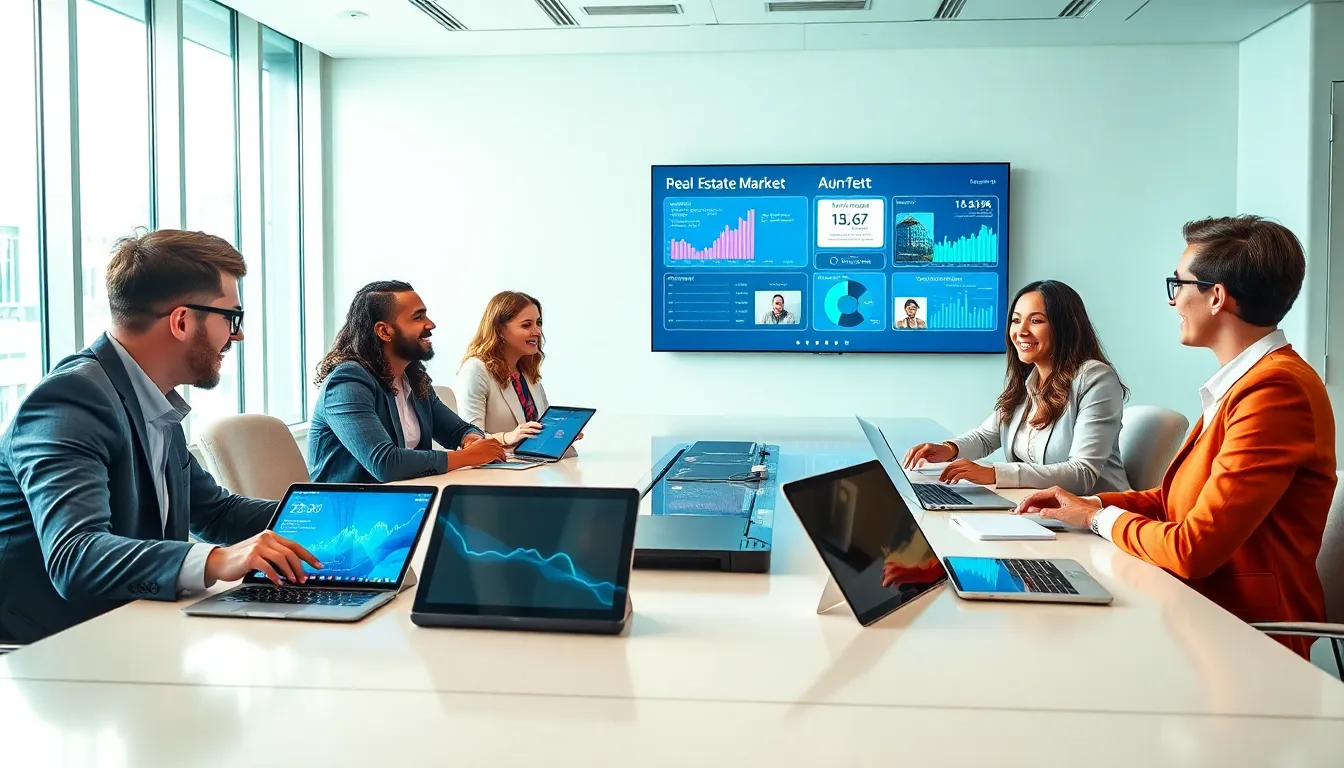 Diverse real estate team collaborating in a modern office environment.