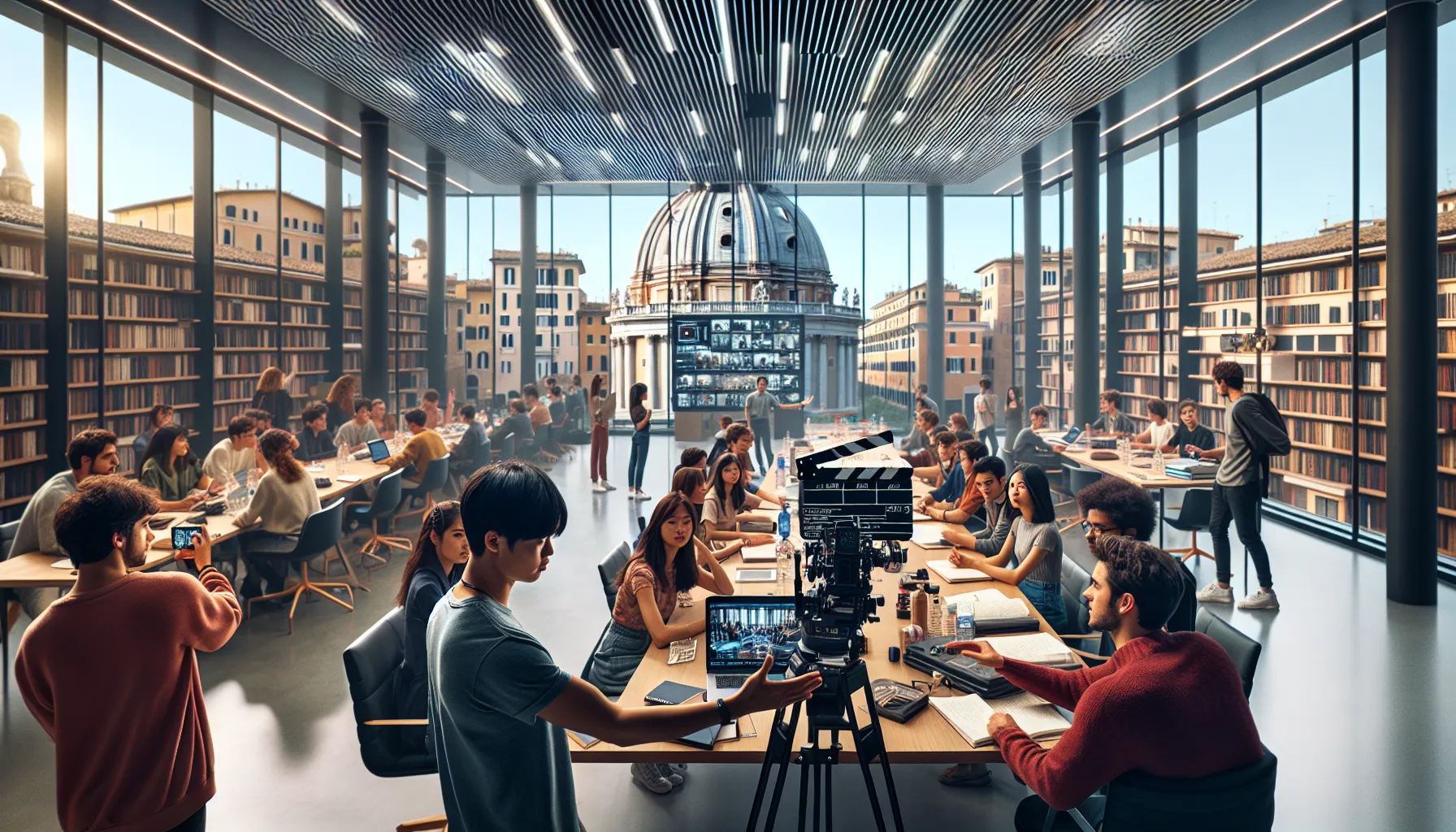 Film students collaborate in a modern classroom overlooking Rome.