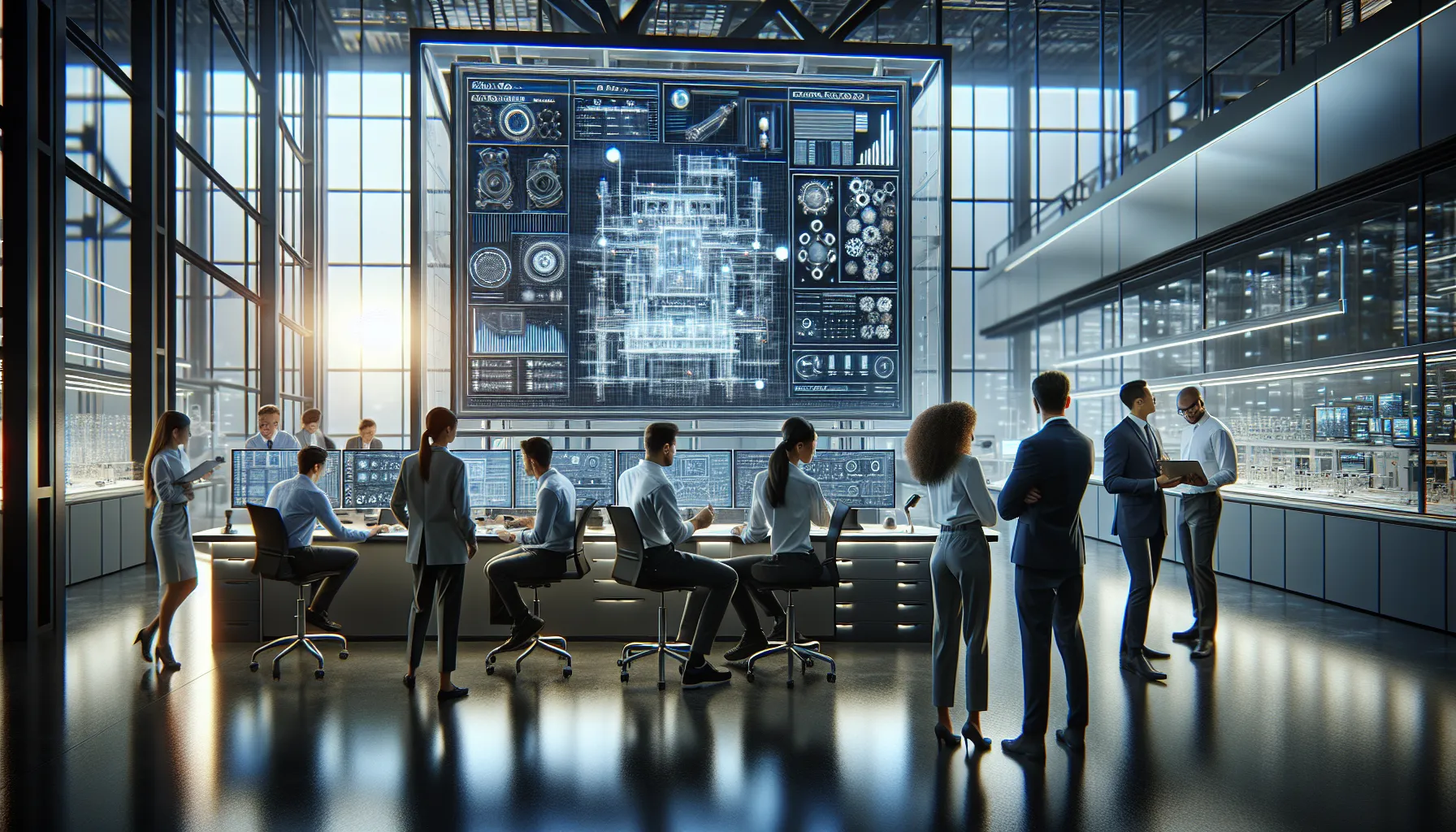 diverse engineers collaborating on technology component specifications in a modern lab.
