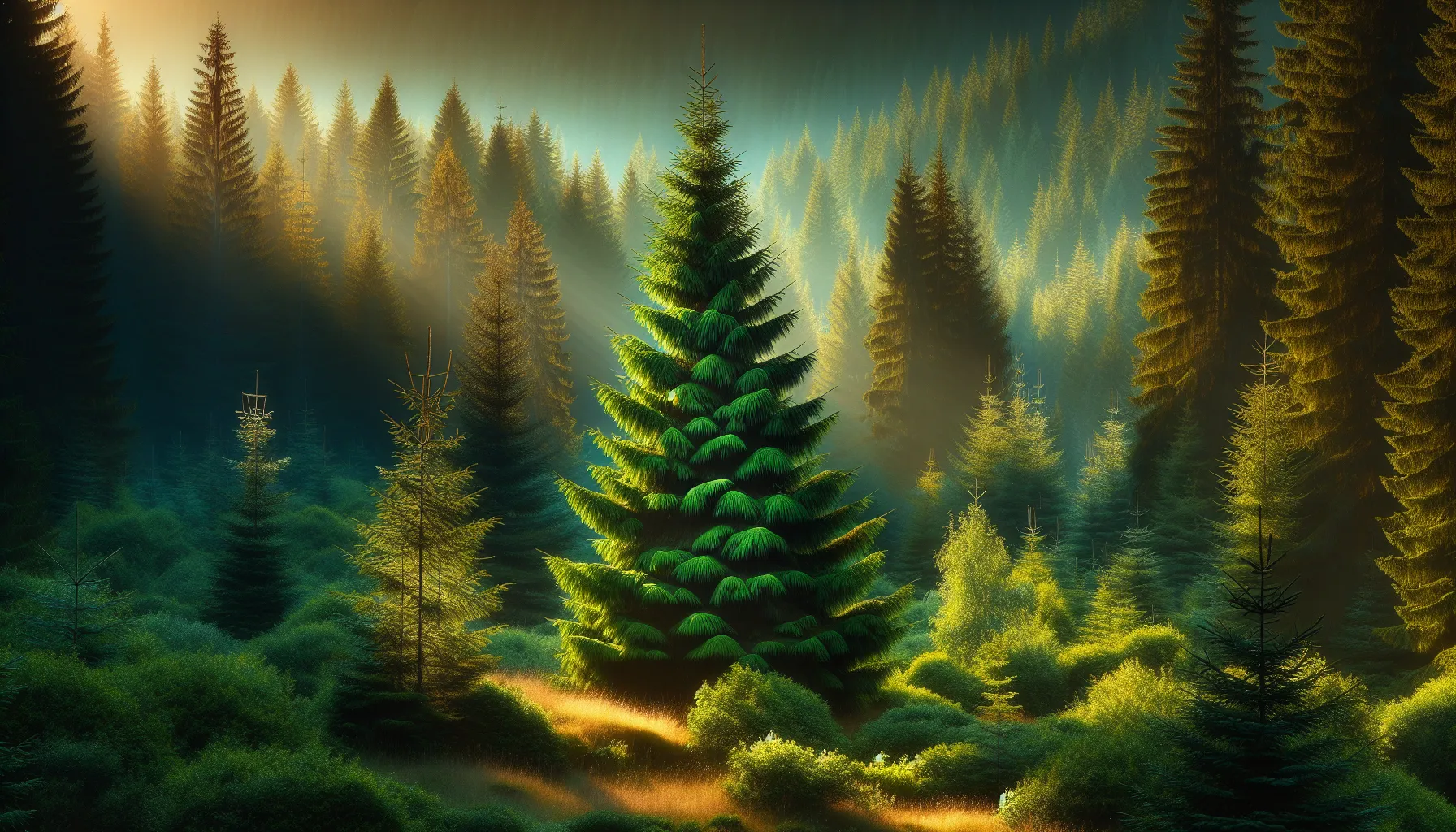 a spruce tree in a dense forest during soft morning light.
