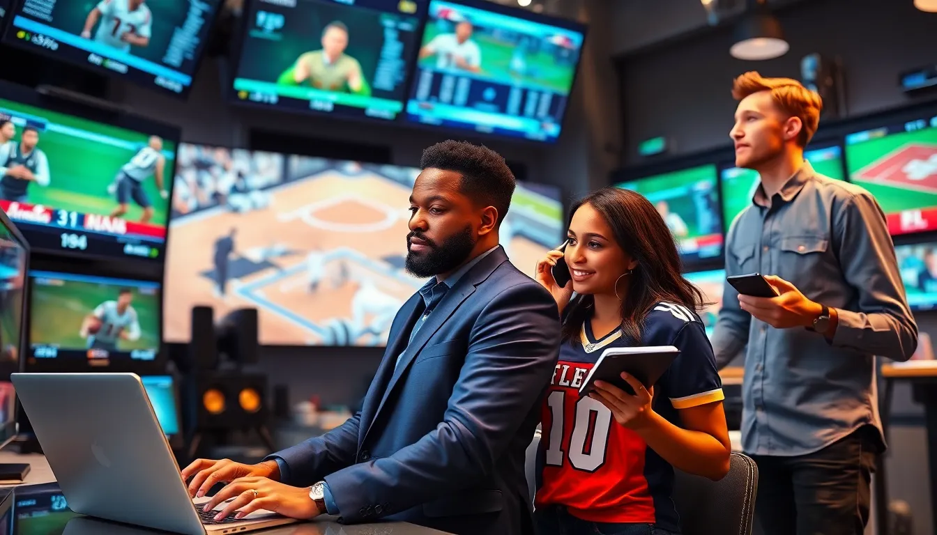 A diverse team of journalists in a sports newsroom surrounded by screens with live updates.