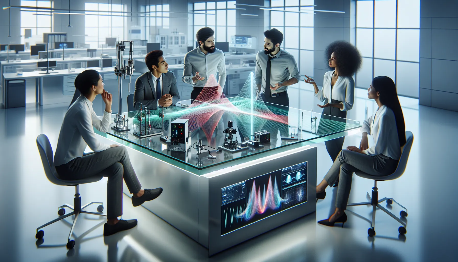 diverse scientists collaborating in a lab on light and sound technology.