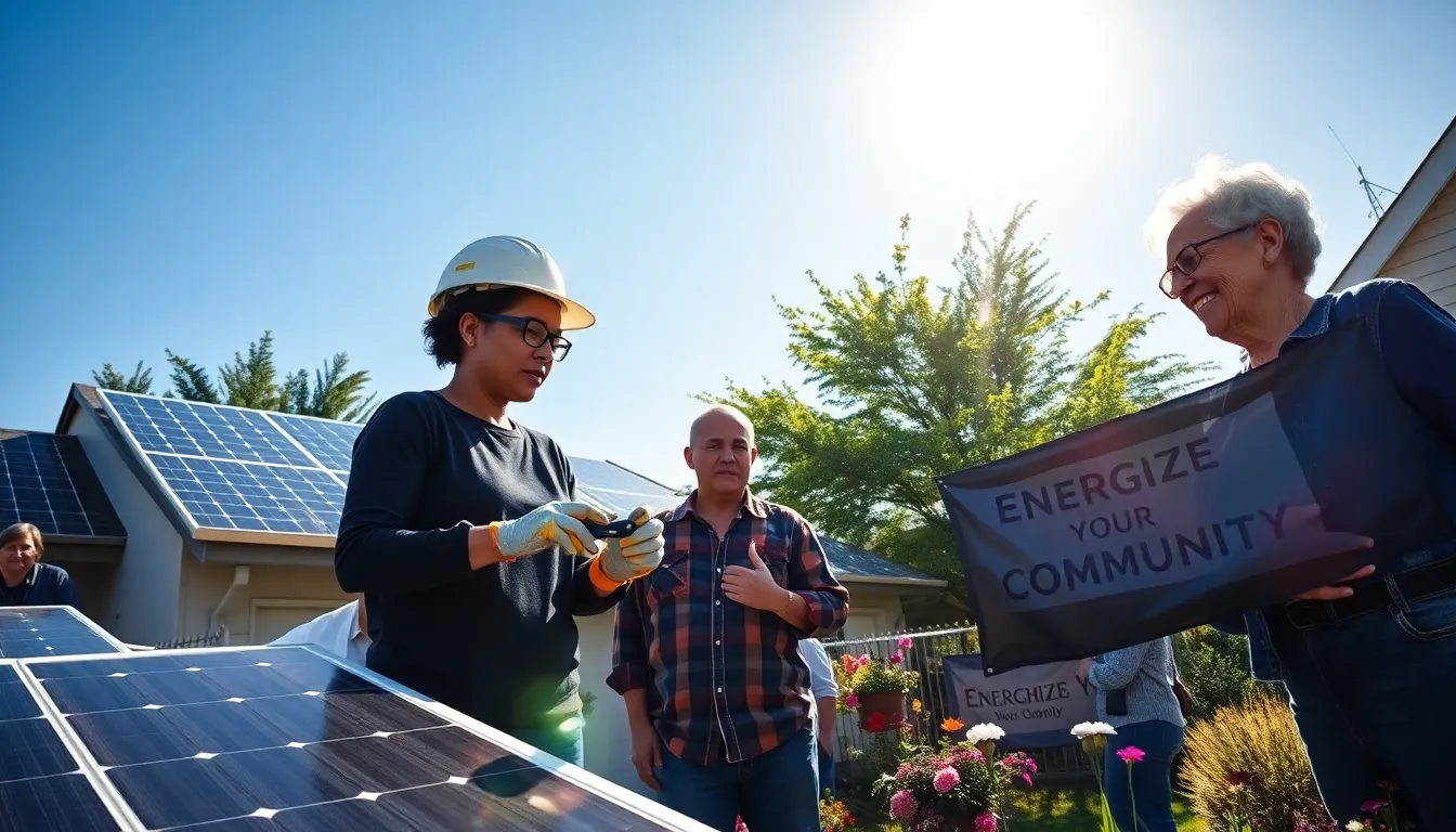 a diverse group of neighbors collaborating on a community solar power project.