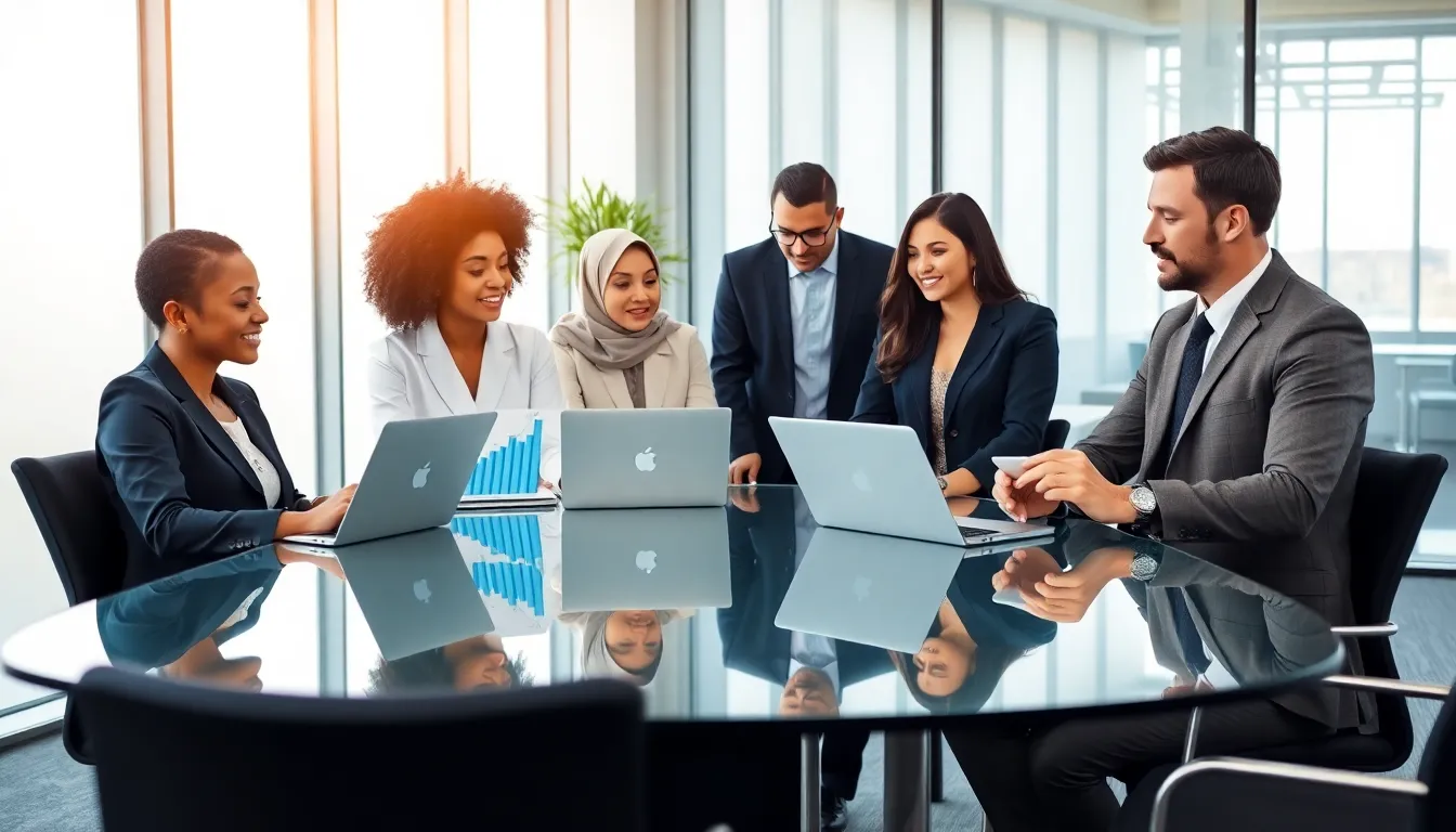 diverse team collaborating in a modern office setting.
