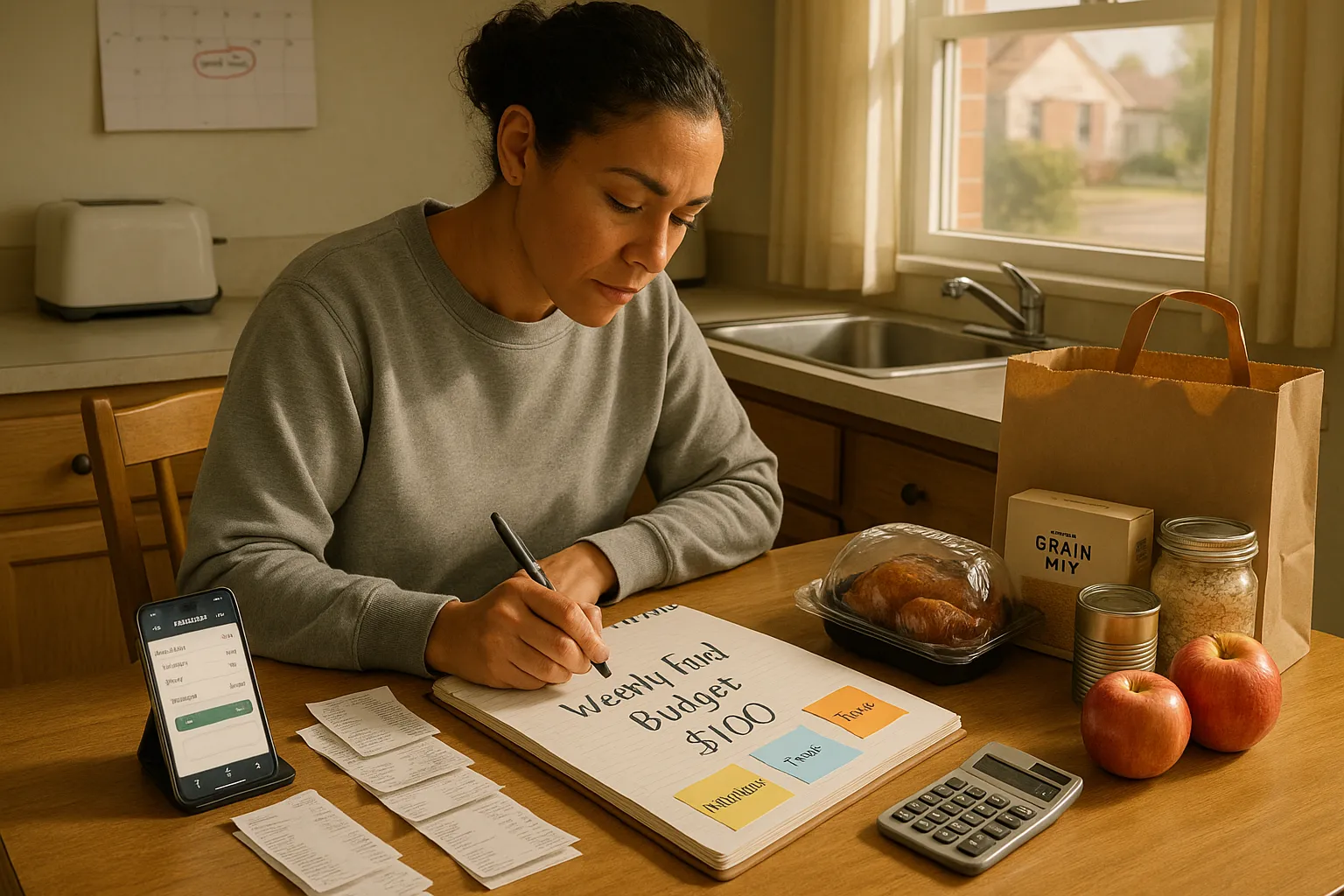 Person at kitchen table planning a weekly food budget with receipts and groceries.