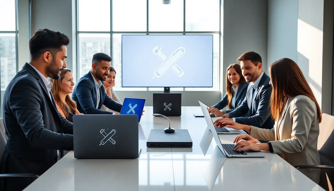 Professionals collaborating in a modern office setting.