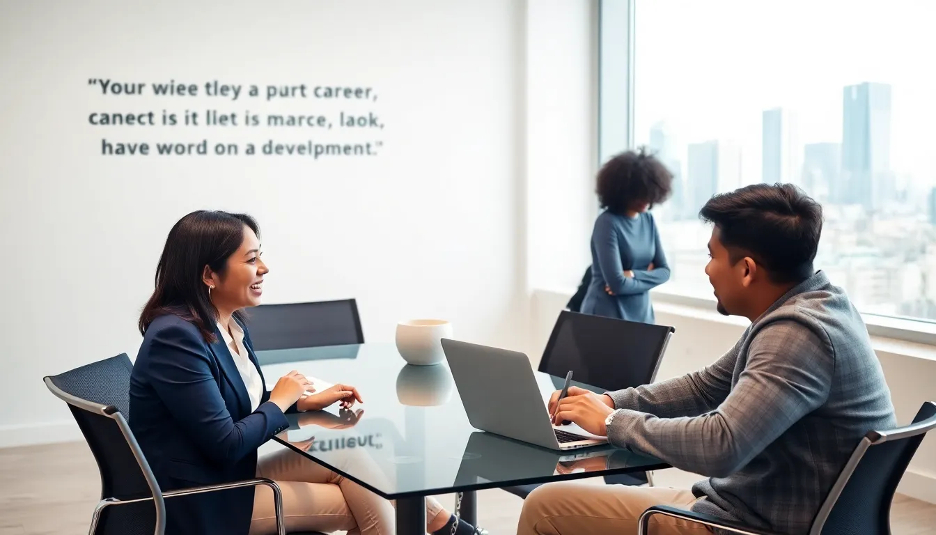diverse professionals discussing career development in a modern office setting.