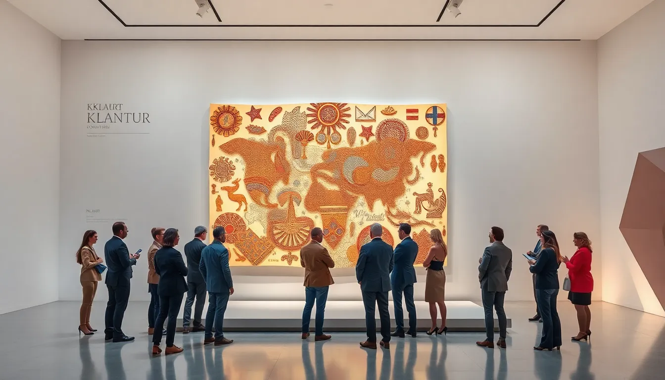 a diverse group discussing kläntür in a modern gallery setting.