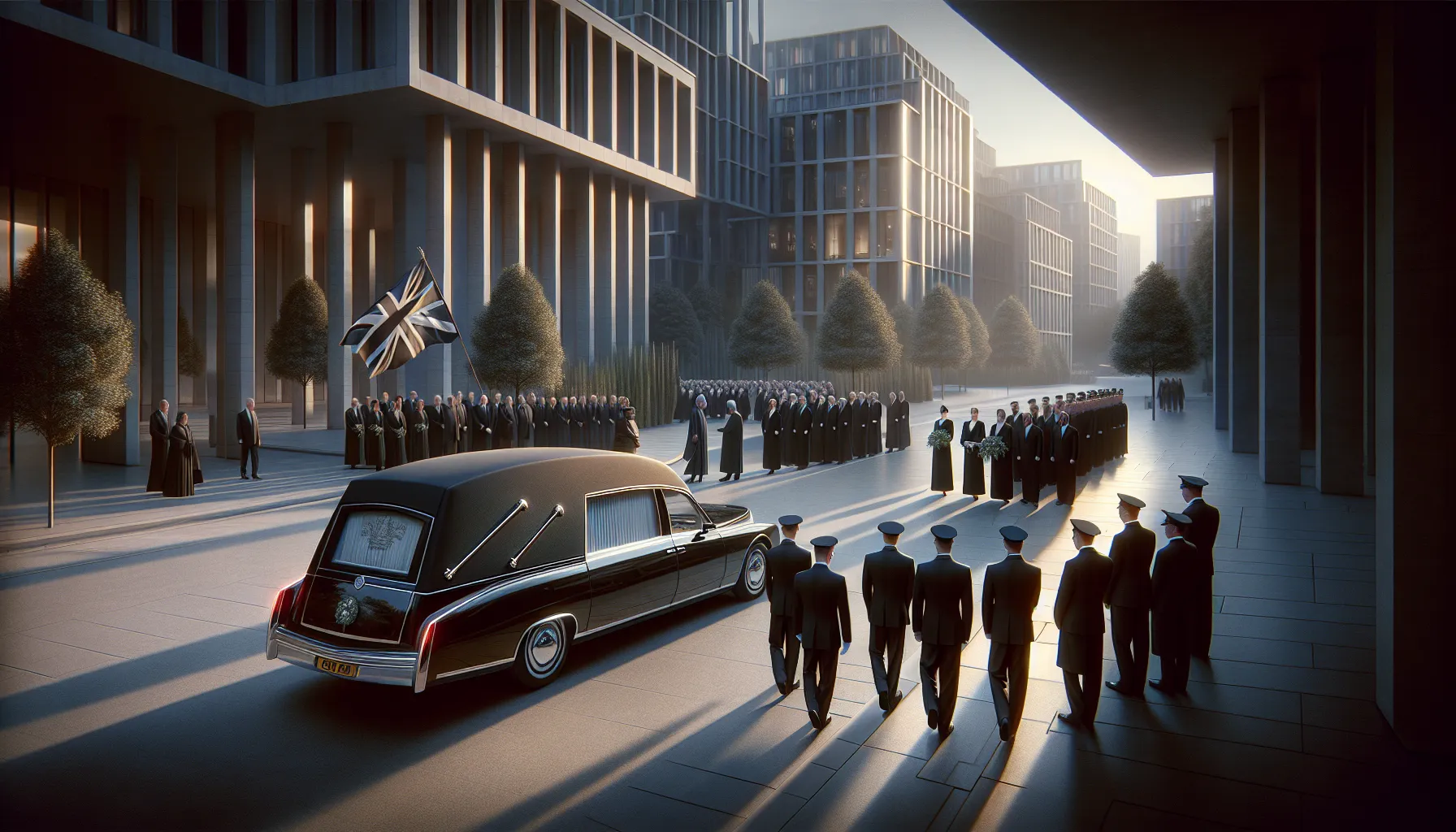 funeral procession with mourners and a mournful flag on the hearse.