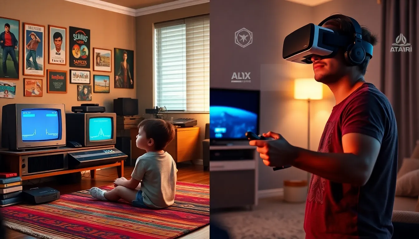 a nostalgic gaming scene transitioning from retro consoles to modern virtual reality gameplay.